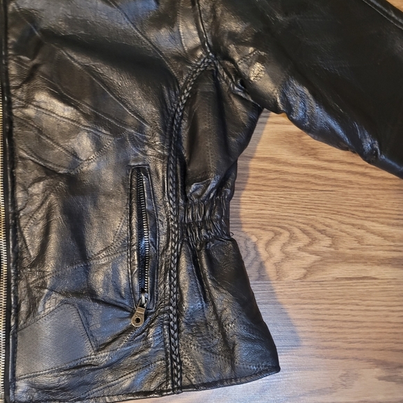 Black Patchwork Leather Motorcycle Jacket - Picture 11 of 14